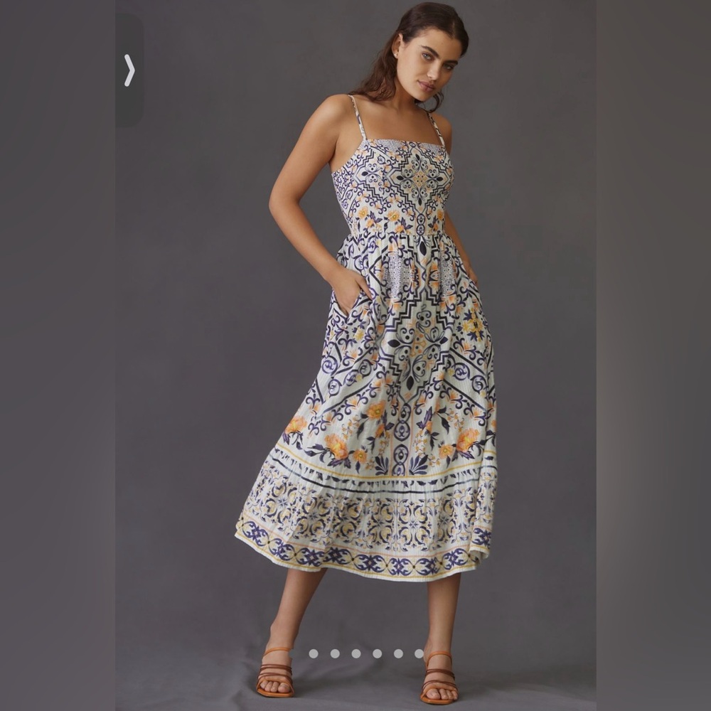 Sleeveless Floral Tile-Print Maxi Dress in White & Navy Anthropologie